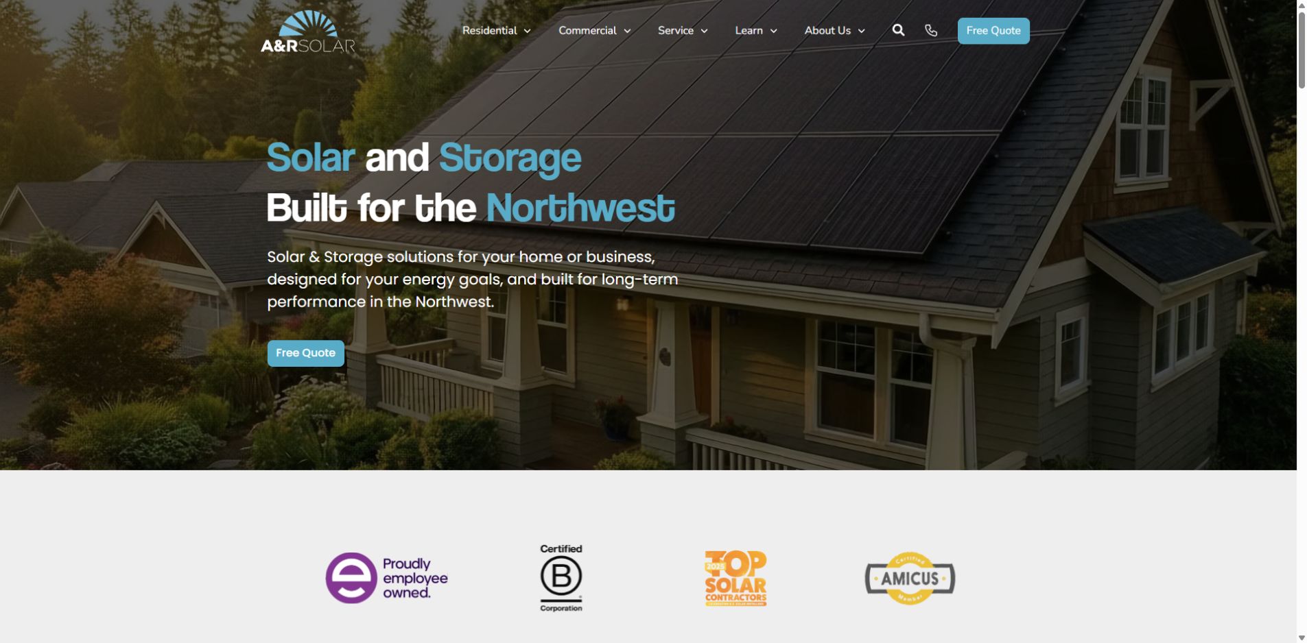 Screenshot of A&R Solar official website homepage