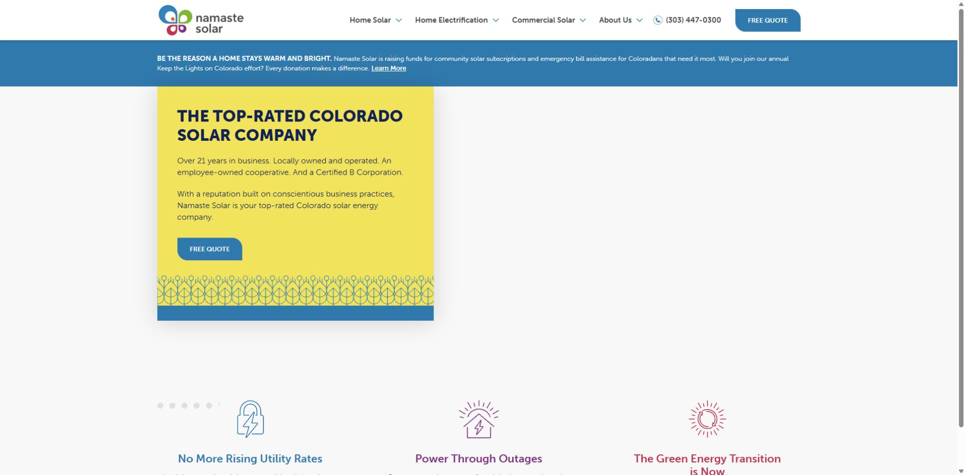 Screenshot of Namaste Solar official website homepage