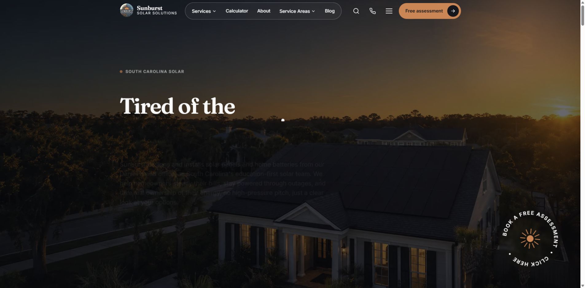 Screenshot of Sunburst Solar Solutions official website homepage