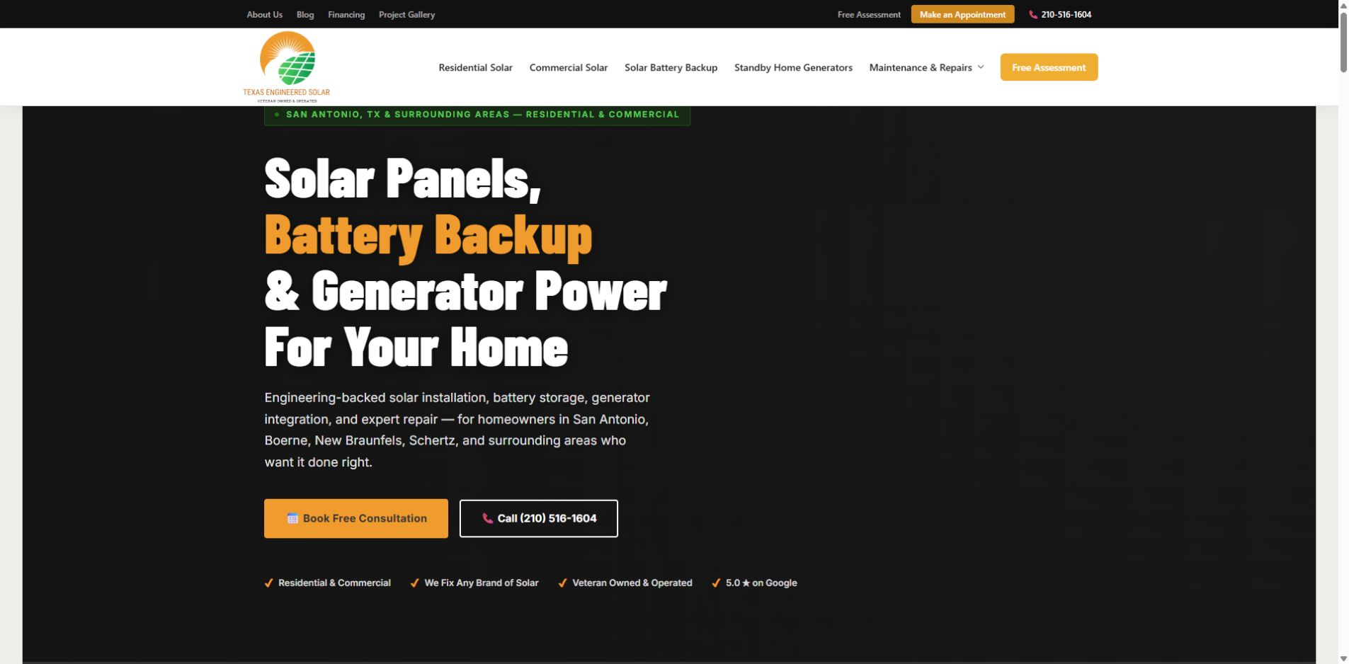 Screenshot of Texas Engineered Solar official website homepage