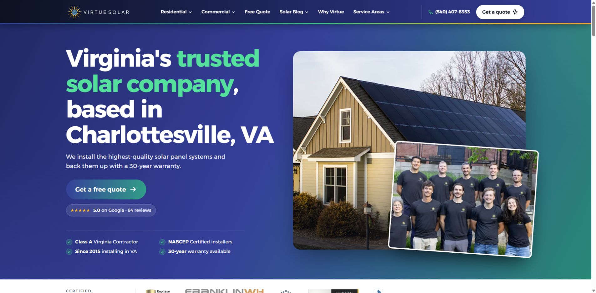 Screenshot of Virtue Solar official website homepage
