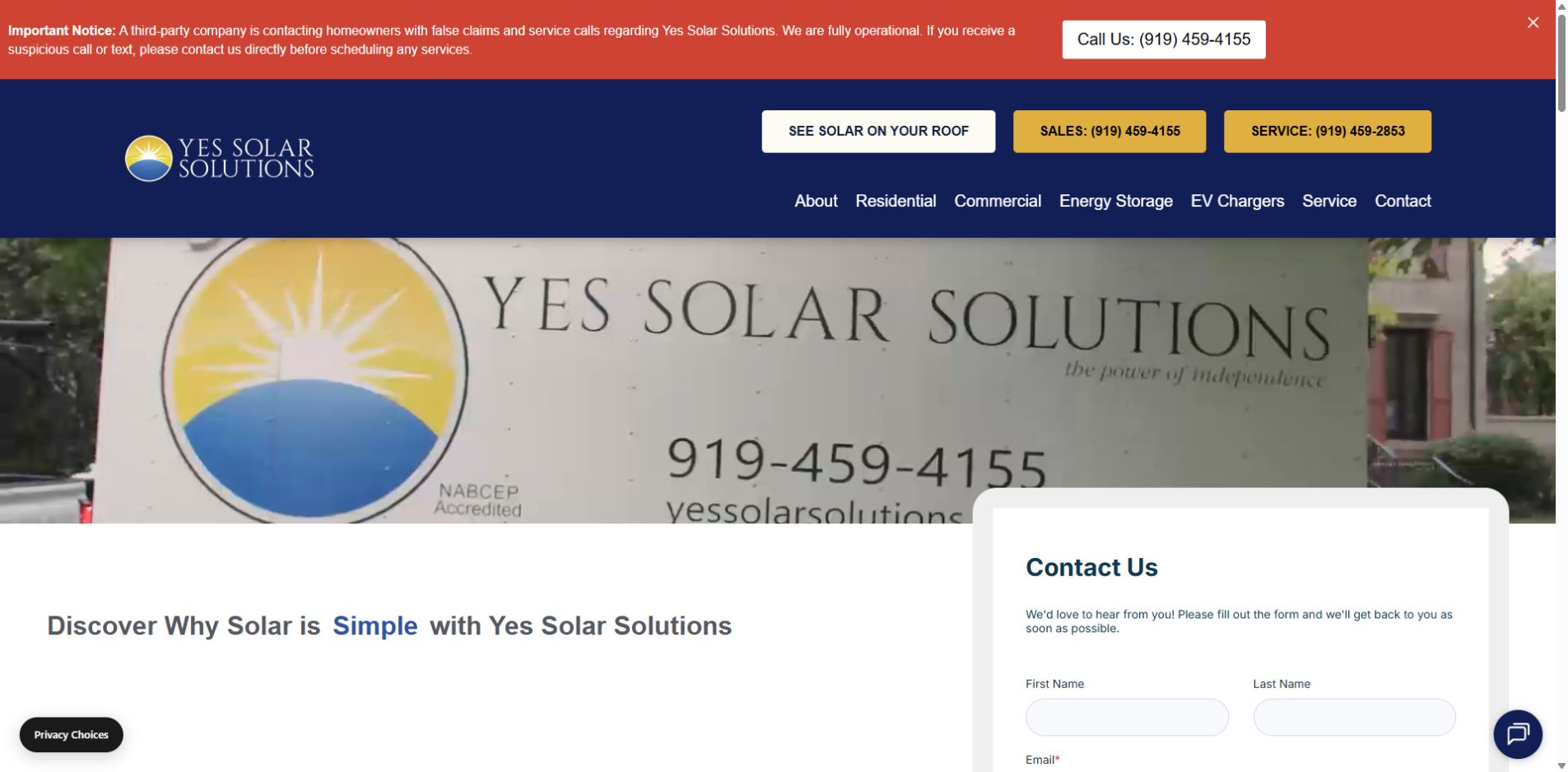 Screenshot of Yes Solar Solutions official website homepage